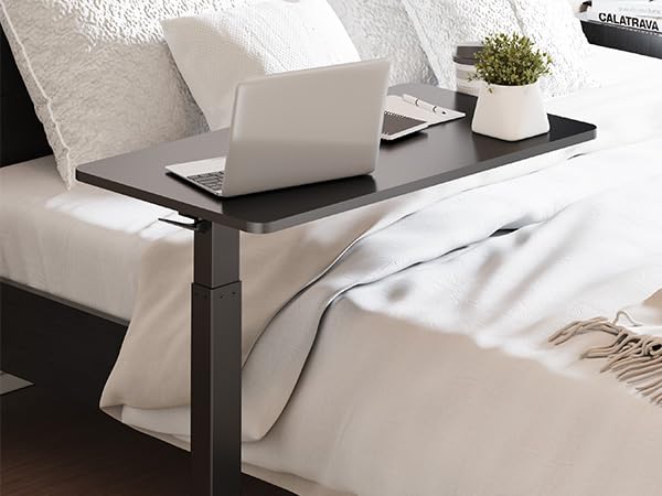 32''Large Medical Overbed Bedside Table with Wheels,Rolling Table | 31.5''x17.7'' Black Tabletop+Black Edging Pneumatic Tilting Desktop,Overbed Table with Hidden Casters for Hospital Use - color: Black+black, size: Large