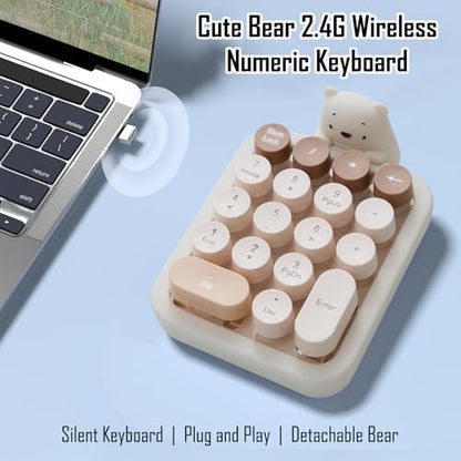Wireless Number Keypad with Cute Silicone Bear, 18 Colorful Round Keys Numpad, 2.4G USB Wireless Connection, Portable Financial Accounting Numeric Keyboard, Suitable for PC, Laptop (MilkTea) - color: MilkTea