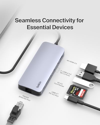 Belkin USB-C Hub 6 in 1 100W PD 4K HDMI, Ethernet & SD | Pass-through charging, 2 USB-A ports, gigabit ethernet, SD card slot, compatible with Neo MacBook, iPad Pro, and XPS - style: 6-in-1 Hub, 4K 60Hz
