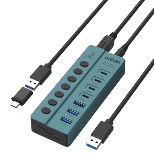 Onten 7-PortUSB 3.0 USB-C Hub, 5Gbps High - Speed Data Transfer, Independent Switches, Wide Compatibility for Laptop, Pad, Phone, Game Console