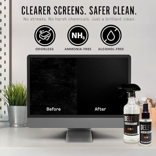 Delete Screen Cleaner Spray Kit 16oz & 2oz Bottle, 12"x12" Microfiber Cloth | Streak-Free, Safe and Gentle Cleaning Formula, Multi-Purpose for TVs, Computers, Monitors, Smart Phones, Made in USA - style: 2 Pack, 16oz and 2oz