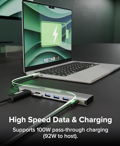 Plugable USB-C Hub 7-in-1 for Single HDMI Display, Driverless Hub, 4K HDMI, 3 USB 3.0, SD/microSD Reader, 100W Charging Compatible with Mac, Windows, Chrome, USB-C, USB4, and Thunderbolt