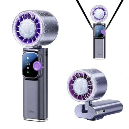 Portable Handheld Fan with Ice Cooling, Personal Rechargeable Fan 20000RPM,199-Speed Mini Neck Fan with 4000mAh Battery Powered up to 15hrs with LED Display for Travel, Camping & Outdoor, Purple - color: Gray-Purple