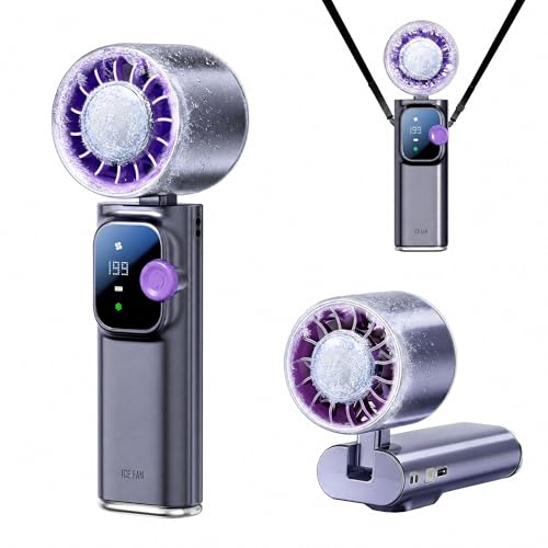Portable Handheld Fan with Ice Cooling, Personal Rechargeable Fan 20000RPM,199-Speed Mini Neck Fan with 4000mAh Battery Powered up to 15hrs with LED Display for Travel, Camping & Outdoor, Purple - color: Gray-Purple