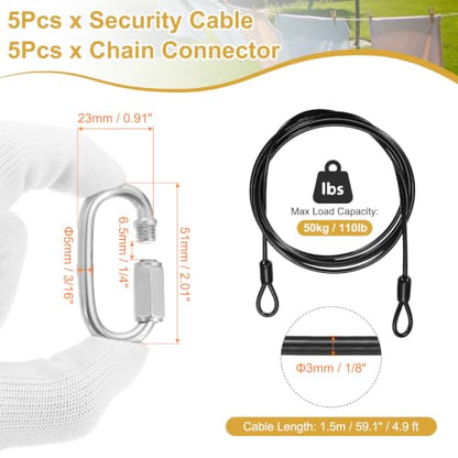 PATIKIL Security Cable Lock (1/8" Dia 4.9ft, Black)(5 Set) Vinyl Coated 304 Stainless Steel Double Loop Flexible Wire Rope Safety Cable with Quick Links Locking Connectors - color: Black, size: 1/8" x 4.9ft