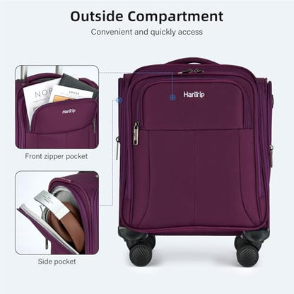 HanTrip 16 Inch Underseat Carry On Luggage with Wheels Softside Small Suitcases Personal Item Bag with Pocket Travel Luggage for Men Women Business Overnight Bag(Purple) - color: Purple