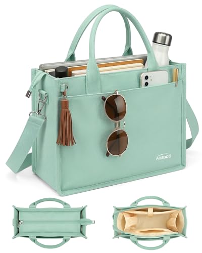 Canvas Tote Bag for Women With Zipper,14" Laptop Tote Bag for Work | Water Bottle Pocket,Padded Laptop Sleeve,Inner Key Leash,Premium Metal Hardware,Structured Canvas - color: Sage Breeze