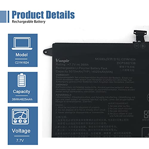 C21N1624 Laptop Battery Replacement for Asus Q325U Q325UA Q325UAR ZenBook Flip S UX370UA 1A 1B C4061T C4072T C4093T Series Notebook 0B200-02420000 7.7V 39Wh 5070mAh