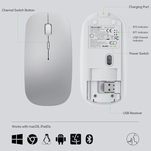 TECKNET Bluetooth Wireless Mouse, Rechargeable Silent Portable Computer Mouse, 6 Adjustable DPI, Dual Mode (Bluetooth 5.2/3.0 and 2.4G USB Receiver) for Laptop, iPad, MacBook, PC, Desktop, Android - color: silver
