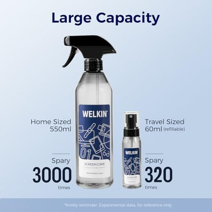 WELKIN Screen Cleaner Spray Kit, 18.6 oz + 2 oz for TV, Laptop & Phone | Fine Mist Spray for Screens, Gentle Formula, Streak-Free Cleaning, Anti-Static, Includes 1 Microfiber Cloth & 1 Glass Wipe - size: Mist Kit