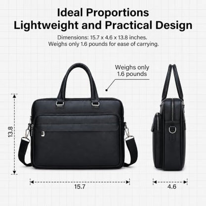 Men's Leather Laptop Bag 15 IN, Water-Resistant Briefcase Messenger Bag for Work, Business, Shoulder Crossbody Office Satchel - color: Black