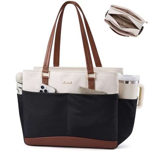 LOVEVOOK Laptop Tote Bag for Women with 3 Separate Pocket Work Bag with Large Cup Holder Computer Briefcase for Teacher Nurse - color: Black-white-brown, size: 15.6 Inch Lunch-Compartment