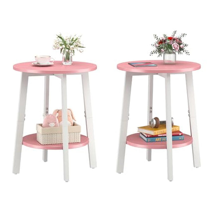 sthmec Side Table Set of 2, Small Round End Table with Storage Shelf for Small Space, 2-Tier Bedside Table Sofa Couch Table, Nighstands Set of 2 Accent Table for Living Room, Bedroom, Pink - color: Pink