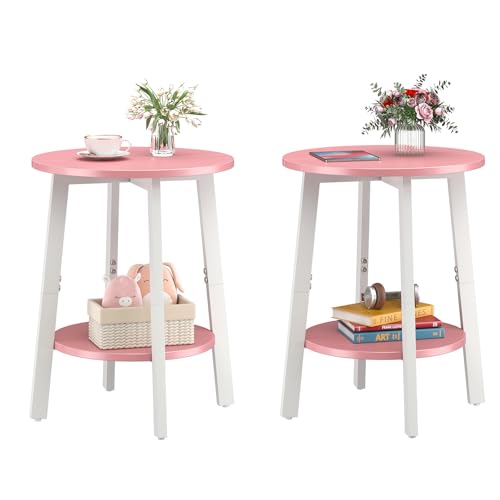 sthmec Side Table Set of 2, Small Round End Table with Storage Shelf for Small Space, 2-Tier Bedside Table Sofa Couch Table, Nighstands Set of 2 Accent Table for Living Room, Bedroom, Pink - color: Pink