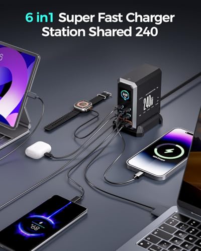 USB C Charger Block, 240W GaN USB C 6-Port Charger Station, Laptop Power PD Adapter with Touch Control and Color Display, Charging Station for MacBook, iPhone, Samsung, Laptop, iPad, Desktop, and More