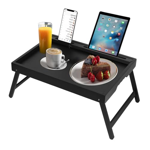 Artmeer Bamboo Bed Tray, Folding Legs, Phone/Tablet Slot, Medium, Black | FSC-certified bamboo bed tray with phone/tablet slot, folding legs, handles and raised edges for meals, laptops and reading. - color: Black, size: Medium