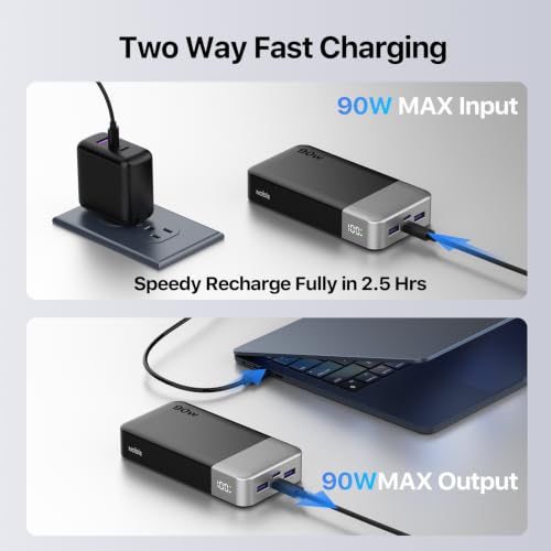 NOBIS Portable Charger 20000mAh 90W Laptop Power Bank | 2C+2A USB-C Fast Charging Battery Pack with LED Display for Laptops, Tablets, Steam Deck & Phones - color: Black