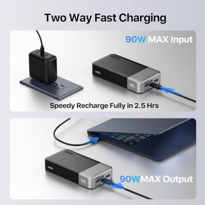 NOBIS Portable Charger 20000mAh 90W Laptop Power Bank | 2C+2A USB-C Fast Charging Battery Pack with LED Display for Laptops, Tablets, Steam Deck & Phones - color: Black