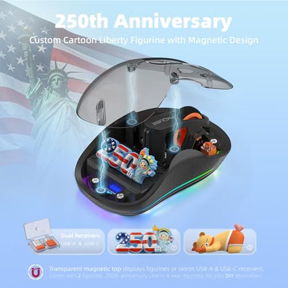 FMOUSE Transparent Wireless Mouse, 2 Cute 2026 Figurines, Tri-Mode, Black | Rechargeable | USB-A & USB-C Receivers for Mac, iPad, Laptop | 2.4G & Dual Bluetooth | Silent Clicks | RGB | Portable - color: Black