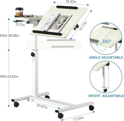 Panta Rolling Laptop Stand, Adjustable, Maple | Dual tilting desktops, cup holder, mobile overbed table, for couch/office/home/hospital - color: Maple