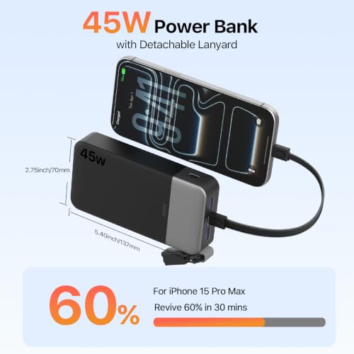 JUOVI 20000mAh 45W Power Bank + 45W Portable Charger with Detachable Cable
