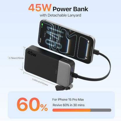 JUOVI 20000mAh 45W Power Bank + 45W Portable Charger with Detachable Cable