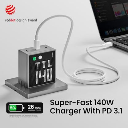SHARGE Pixel 140 Laptop Charger 140W USB C GaN Charger 3-Port with Smart Dot-Matrix Display PD3.1 Fast Charging for MacBook Pro, iPhone 17 Galaxy S26 (Black) - color: Black