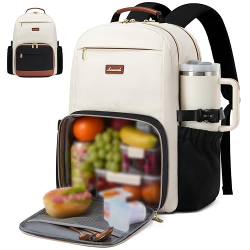 LOVEVOOK Lunch Backpack with Lunch Compartment,15.6 Inch Laptop Work Travel Insulated Cooler Backpack,Waterproof College Teacher Lunch Bag Box with Tumbler Holder,Gifts for Men Women,Beige-Black-Brown - color: Beige - Black - Chestnut Brown, size: 15.6-Lu
