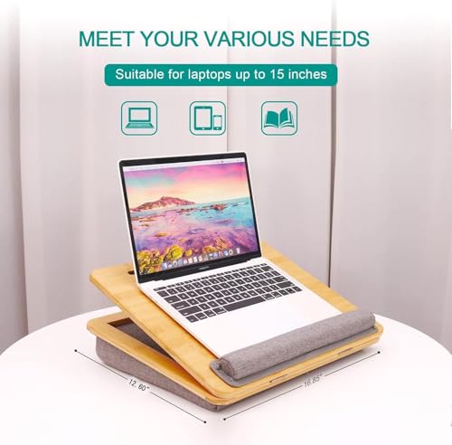 Adjustable Bamboo Lap Desk with Cushion - 5 Tilting Angles Ergonomic Laptop Bed Tray for Computers 15 inches or Less, Phone & Tablet Holder Slot, Dual Bolster for Comfort on Couch, Bed, Sofa & Car - size: 12.6" x 16.8" Angle Adjust