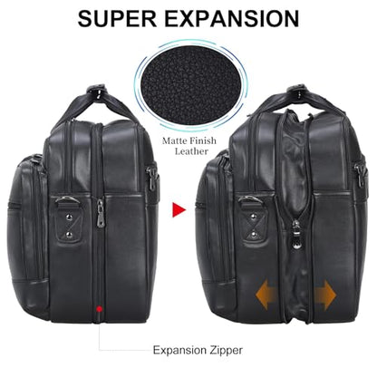 Masa Kawa Expandable Leather 17" Laptop Travel Messenger Duffel Bag Men | Large Overnight Weekend Business Trip Duffel Bags with Luggage Strap, Crossbody Shoulder Computer Briefcase - color: Black