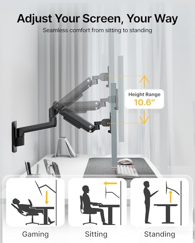 monTEK Ultra Wide Wall Mount Monitor Arm for 17-49 Inch Screens, Heavy Duty Single Monitor Mount up to 44 lbs, Fully Adjustable Gas Spring Wall Mount, 75x75/100x100 VESA Mount, Black - color: Black