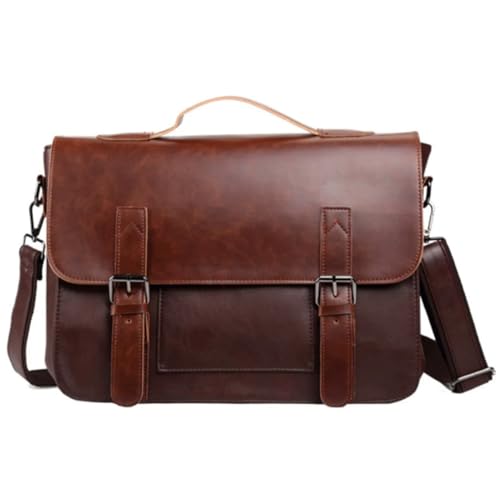 Leather Messenger Bag for Men, Leather Laptop Shoulder Satchel Bag, Vintage Briefcase for Office Travel Work - color: Dark Brown