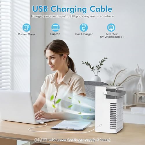 Portable Air Conditioners, Air Conditioner, Upgraded Cooling Fan with 1000ml Water Tank, 4 Speeds & 2 Mists Modes, 2-6H Timer, Ultra-Quiet AC Unit for Bedroom Office Home