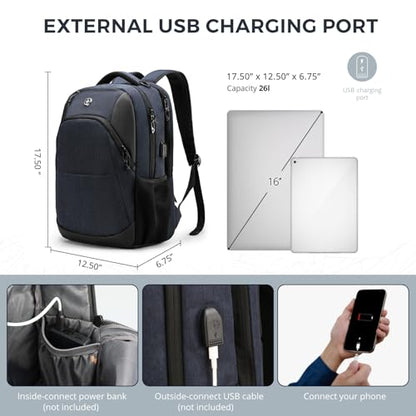 Swissdigital Design Backpack for Men & Women Fit 16 Inch Computer SD1670-12 | Travel Laptop Backpack, College Bag, Business Backpack, with USB Charging Port, RFID Protetion Pocket, Water Bottle, Blue - color: Dark Blue