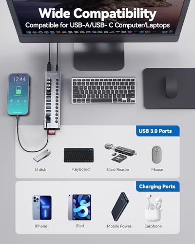 Powered USB 3.0 Hub, Wenter 13 Ports Powered USB Hub with SD/TF Card Reader, Aluminum USB Splitter with Individual On/Off Switches, 12V/3A 36W Power Adapter for PC/Laptops - size: Aluminum 13 Ports