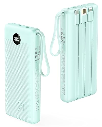 VRURC Portable Charger 20000mAh, Built-in Cables Fast Charging Power Bank, PD QC 3.0 Travel Essentials Battery Pack, 4 Output & 2 Input Phone Charger for iPhone, Samsung, Android - color: Green