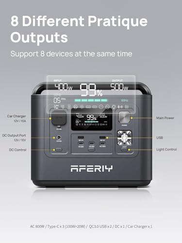 AFERIY Portable Power Station 800W(1600W Peak) Output, With Bidirectional Inversio, 512Wh LiFePO4 Battery, 10ms UPS Pure Sine Wave 200W Max Solar Input Generator for Camping, CPAP, Emergency - color: B