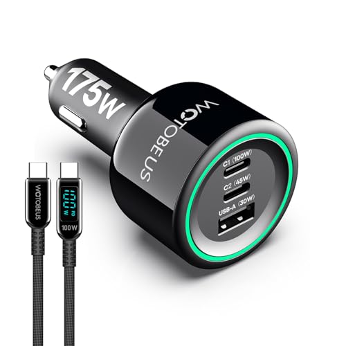 175W 3-Ports USB C Car Charger with Super Fast Charging Color-Changing LED Indicator, PD3.0 100W PPS45W, Cable with Power Display, for iPhone 17/16/15 Galaxy Pixel MacBook & Type-C Laptops