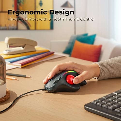Wired Trackball Mouse with RGB Lighting, Ergonomic Thumb Control to Reduce Muscle Strain, 5 Adjustable DPI, Dual USB-C & USB-A Connectivity, Compatible with PC, Laptop, Mac, Windows-Red - color: D-Red