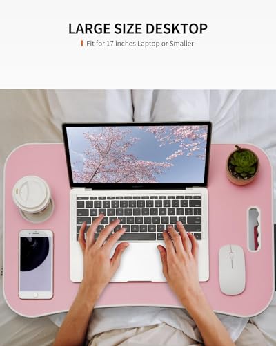 FISYOD Foldable Laptop Table, Portable Lap Desk Bed Table Tray, Laptop Stand with Cup Holder & Tablet Slot & Lifting Handle for Working Writing Drawing & Eating (Light Pink) - color: Light Pink