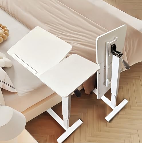 Overbed Bedside Desk with Hidden Wheels, Height Adjustable Rolling Laptop Stand, Tilting Over Bed Table for Bed Sofa, Mobile Bedside Table, White - color: White, style: Basic