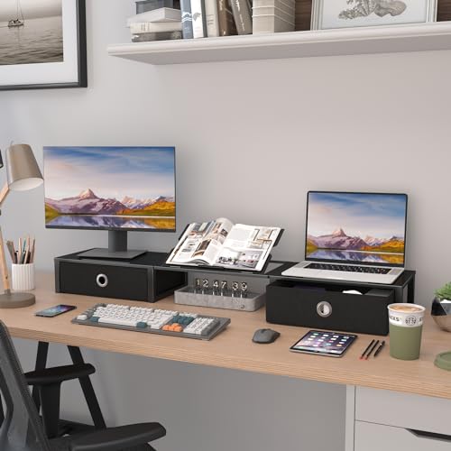 WESTREE Monitor Stand Riser with Adjustable Laptop Stand Riser, Steel Frame Dual Monitor Stand with Two Drawers for 2 Monitors, Desktop Oraganizer Stand for Computer,Laptop,Screen