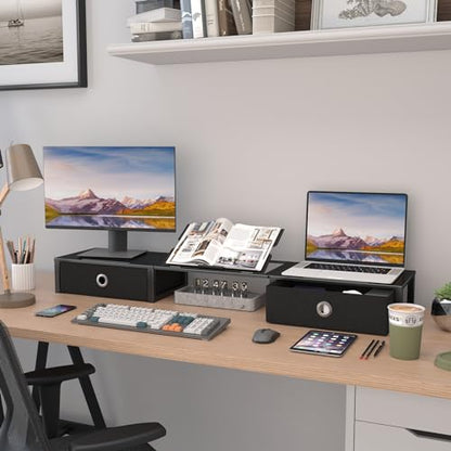 WESTREE Monitor Stand Riser with Adjustable Laptop Stand Riser, Steel Frame Dual Monitor Stand with Two Drawers for 2 Monitors, Desktop Oraganizer Stand for Computer,Laptop,Screen