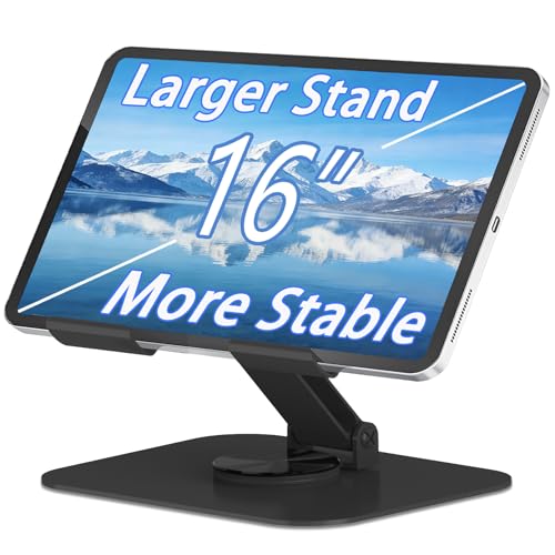 Large Metal Tablet Stand 360° Rotation for 4-16” Tablet, Black | Suitable for All iPad Models, Stability Base, Fully Folded, Easy to Store and Carry, Wide Footrest, Heat Dissipation Design - color: Black