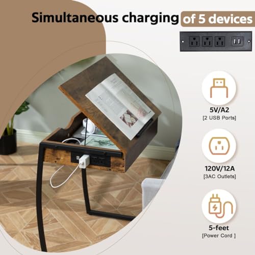 Hadulcet C Shaped End Table with Charging Station, Tiltable 0-52° | TV Tray Table Couch Tables That Slide Under, C Table End Table with Storage, Small Table Couch Desk for Small Spaces, Brown - size: 25.6"