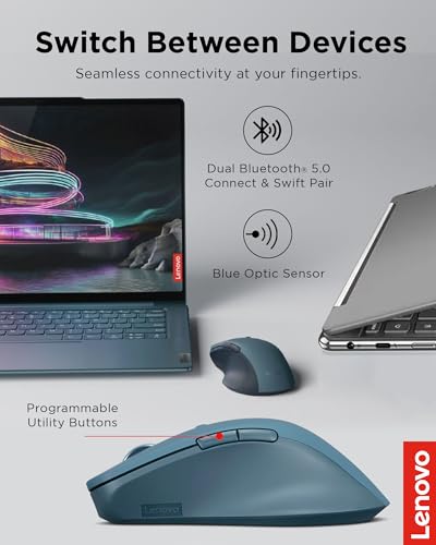 Lenovo Yoga Pro Mouse, Bluetooth, USB-C Rechargable, Dual Mode Bluetooth, 6 Button, Right Handed Design, Ergonomic Design, Programmable Buttons, 2-Way Metal Scroll Wheel, Tidal Teal - color: Tidal Teal Pro