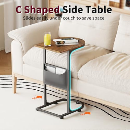 C Shaped End Table, Small Side Table for Couch, C Table that Slides Under Sofa with Storage Bag, TV Tray Table for Recliner, Living Room, Bedside, Bedroom, Small Spaces, Rustic Brown - color: Classic Rustic Brown