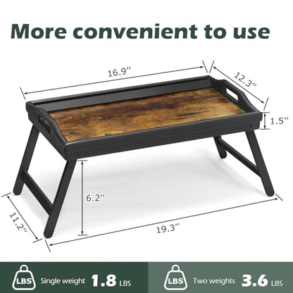 Tray Table for Bed, Bamboo Breakfast Serving Tray with Folding Legs and Handles, Laptop and Snack Bed Table with Cross Bar & Media Slot, Dark Brown with Black Legs, for Bedroom, Sofa, Kitchen - color: Brownish-black