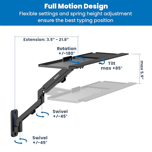 Mount-It! Keyboard Wall Mount & Pole Mount, Swivel Keyboard & Mouse Tray | Wall or pole mounted keyboard and mouse tray that swings out of the way, spring arm tilts 85°, swivels 90°, extends to 21.8" - style: Keyboard
