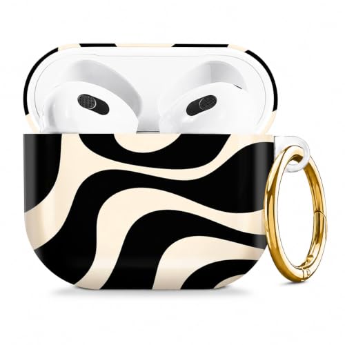 Compatible with AirPod 4 Case 2024, Cute Hard Plastic Protective Cover for Airpod 4th Generation Women, Shockproof Shell Skin with Gold Ring Keychain,Abstract Wavy Black Beige - color: Abstract Wavy Black Beige
